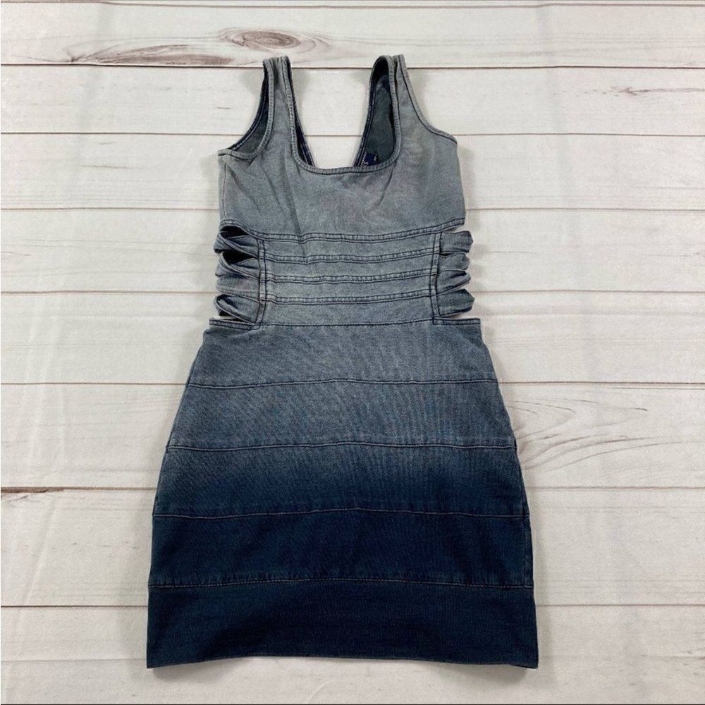 Guess Blue Ombré Sleeveless Back Zip Cut Out Side Stretch Denim Dress